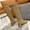 2025 neue braune Kniestiefel Damen Weiches Oberleder Dicke Ferse Khaki Stiefel Frühling und Herbst Französische hohe Stiefel