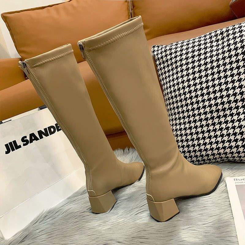 2025 neue braune Kniestiefel Damen Weiches Oberleder Dicke Ferse Khaki Stiefel Frühling und Herbst Französische hohe Stiefel