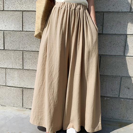 Women Pants Solid Color Side Pockets Temperament Elastic Waist Wide Leg Trousers Streetwear