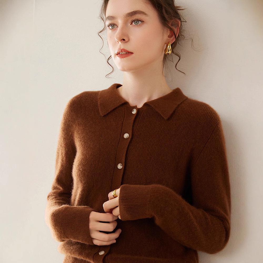 Women's Slim Fit Cashmere Polo Collar Cardigan - Comfortable Knitwear Coat for Autumn/Winter Fashion