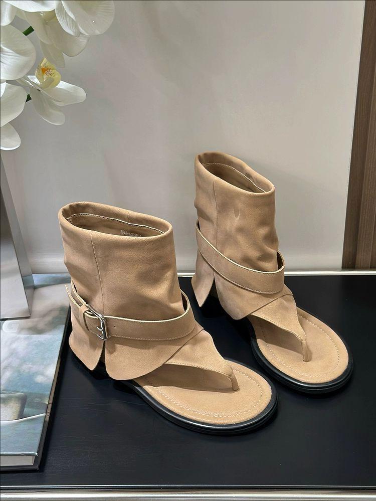 

2025 лето новые ретро пряжка на ремне носок плоская подошва открытый носок модные короткие ботинки повседневная мода елочка крутые ботинки женские 39 абрикосовый