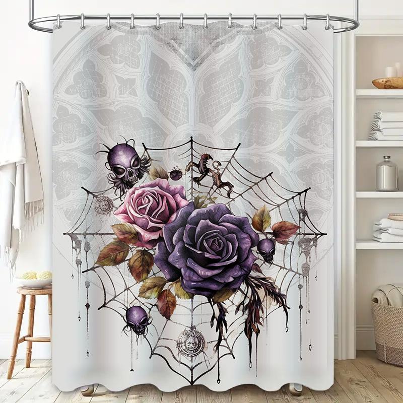 Gothic Halloween Shower Curtain with Spidersweb Design in Purple Rose Color for Bathroom Decoration 3D Printed Polyester Fabric