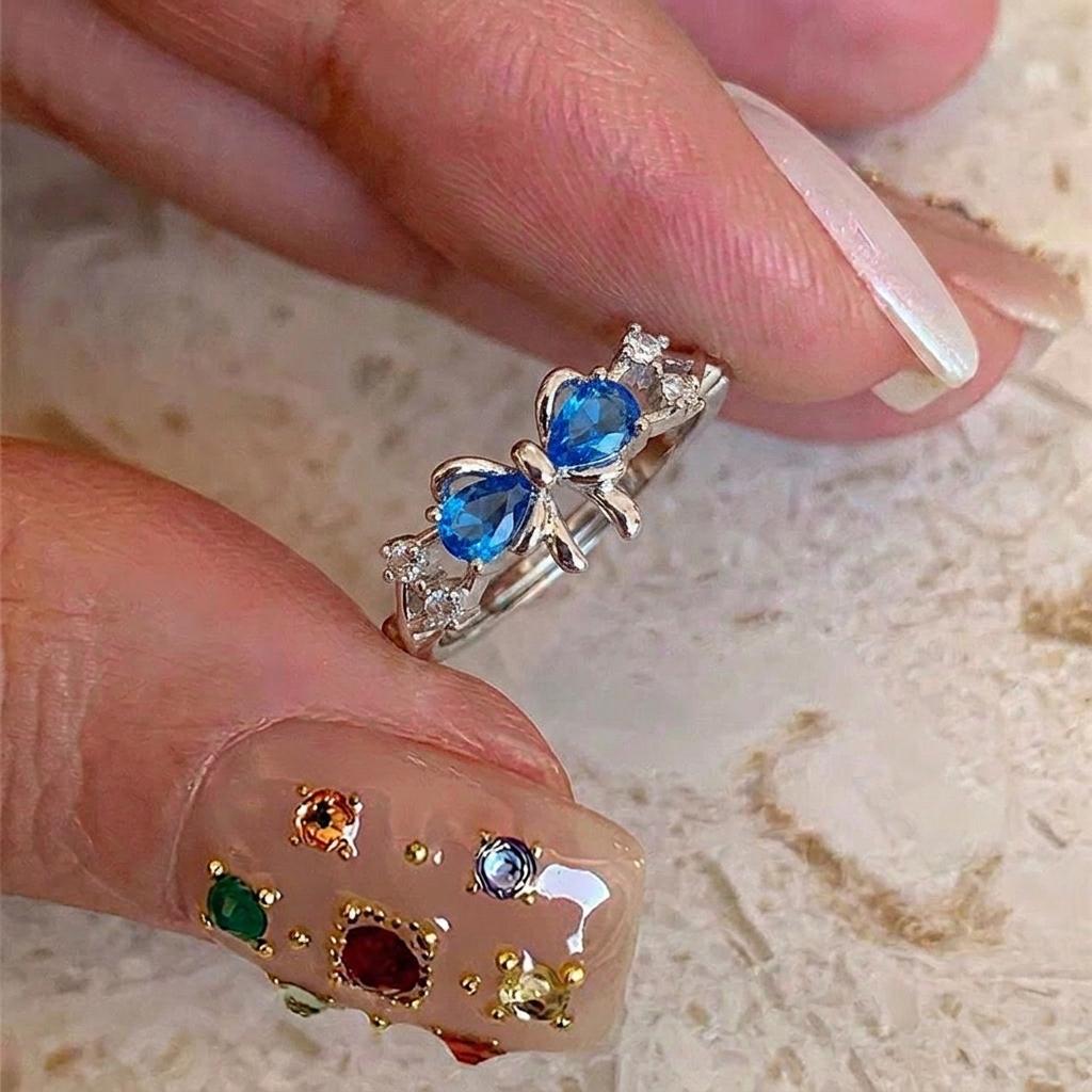 Luxury Blue Zirconia Hollow Butterfly Ring for Women Rhinestones Heart Flower Bow Crown Finger Ring Charms Engagement Jewelry