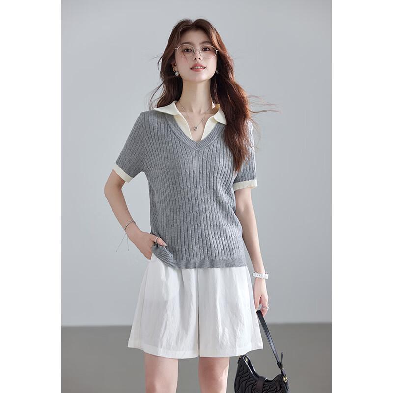 VICTORIA&VERA Lyocell Faux Two-Piece Polo Knit Top L