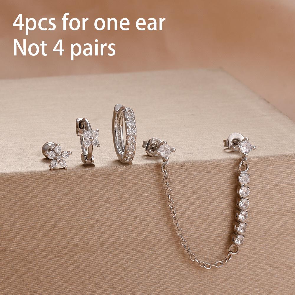 4 Stück Französisches Design Edelstahl Huggie Creolen Set Für Damen Anhänger Blumenkrone Zirkon Ohrstecker Piercing Schmuck