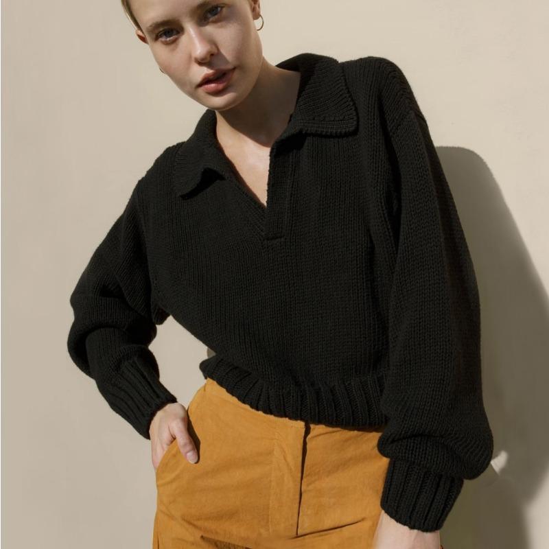 Kołnierzyk polo Luźny sweter damski swobodny dzianinowy sweter z długim rękawem Ciepły jednolity kolor Top Prosty dojazd Modny swobodny sweter Jesień Zima