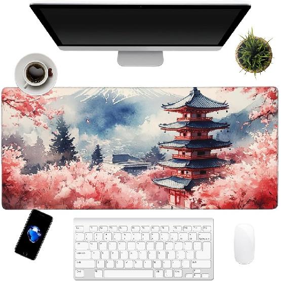Japanese Cherry Blossoms Art Mouse Pad 31.5"x12" Large - Japanese Traditional Design Water-Resistant Surface Desk Mat with Non-Skid Base for