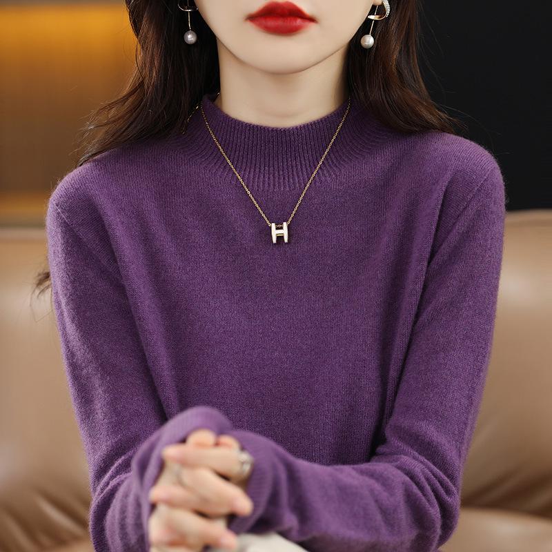 Women's Slim-Fit High Neck Wool Sweater - Autumn/Winter 2023 Collection, Solid Color, Base Layer