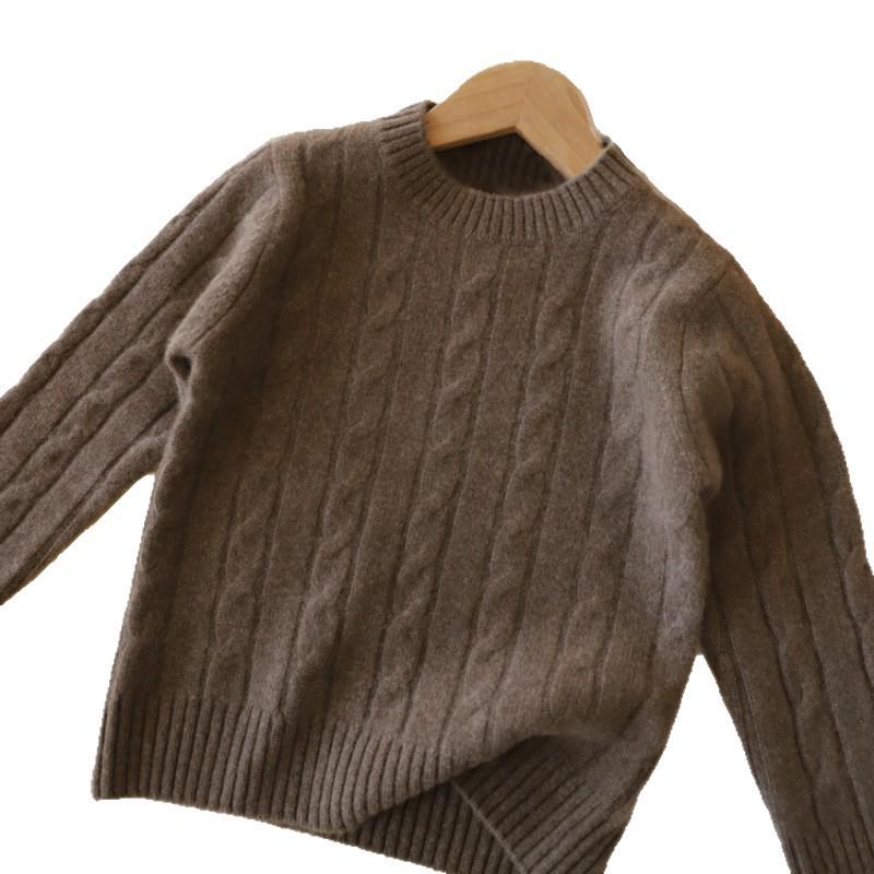 Unisex Children's Wool Sweater, Autumn/Winter 2025 - Solid Color Cable Knit Pullover with Round Neck