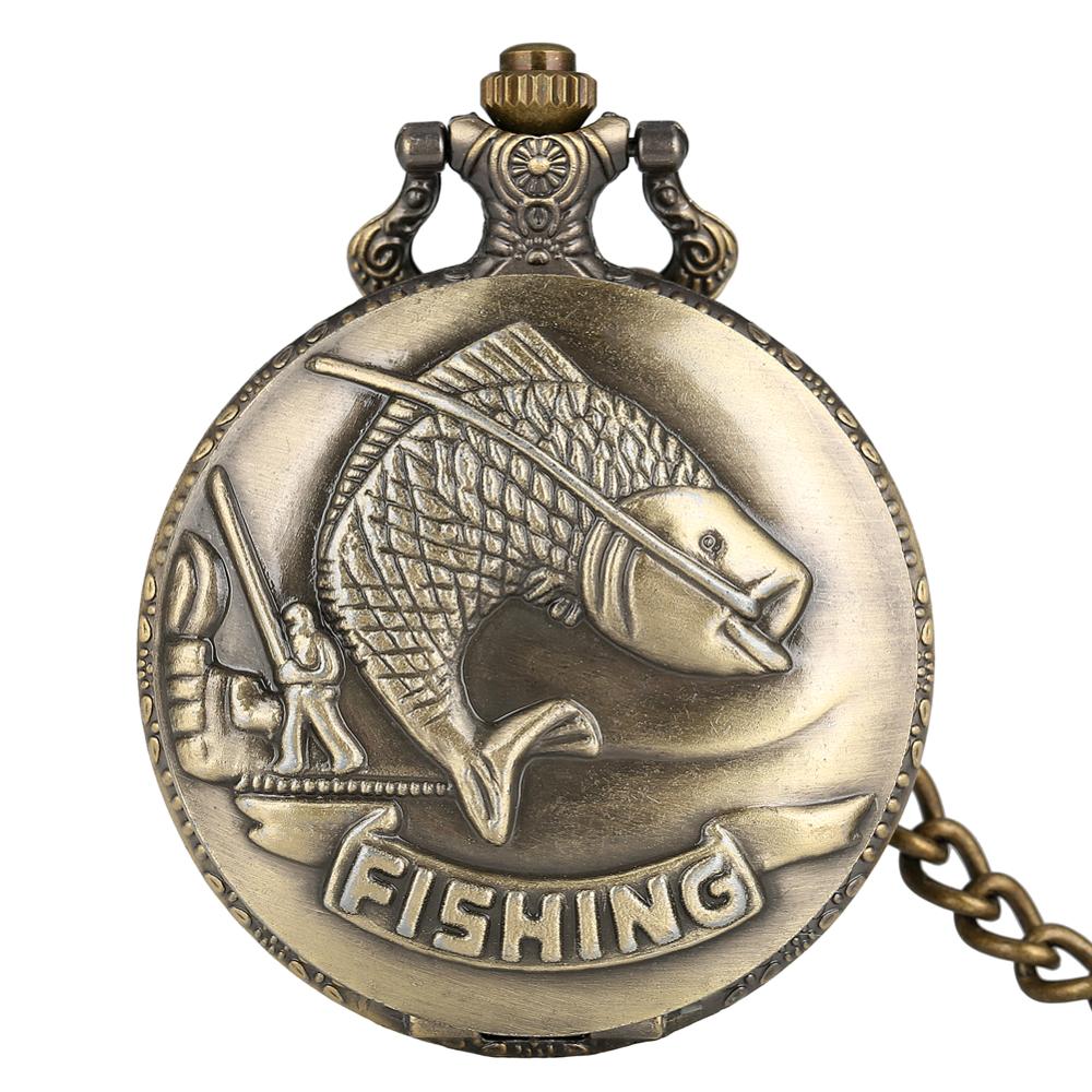 

Luxury Fishing Design Quartz Pocket Watch Fob Gold Fish Pendant Clock Full Hunter 30cm Rough Chain Pocket Gifts for Mens reloj бронзовий