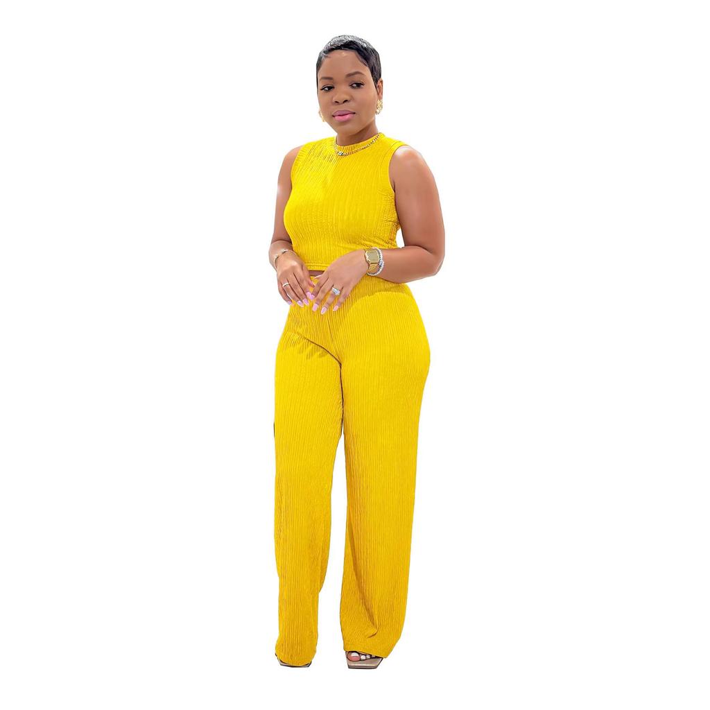 TW685 Women's Summer Fashion Casual Two-Piece Set: High-Elastic Knit Ribbed Wide-Leg Pants