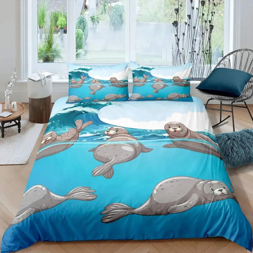 Seal Duvet Cover King Size Lovely Swimming Seal Bedding Set Cute Ocean Exotic Style 2/3Pcs Marine Life Polyester Comforter Cover