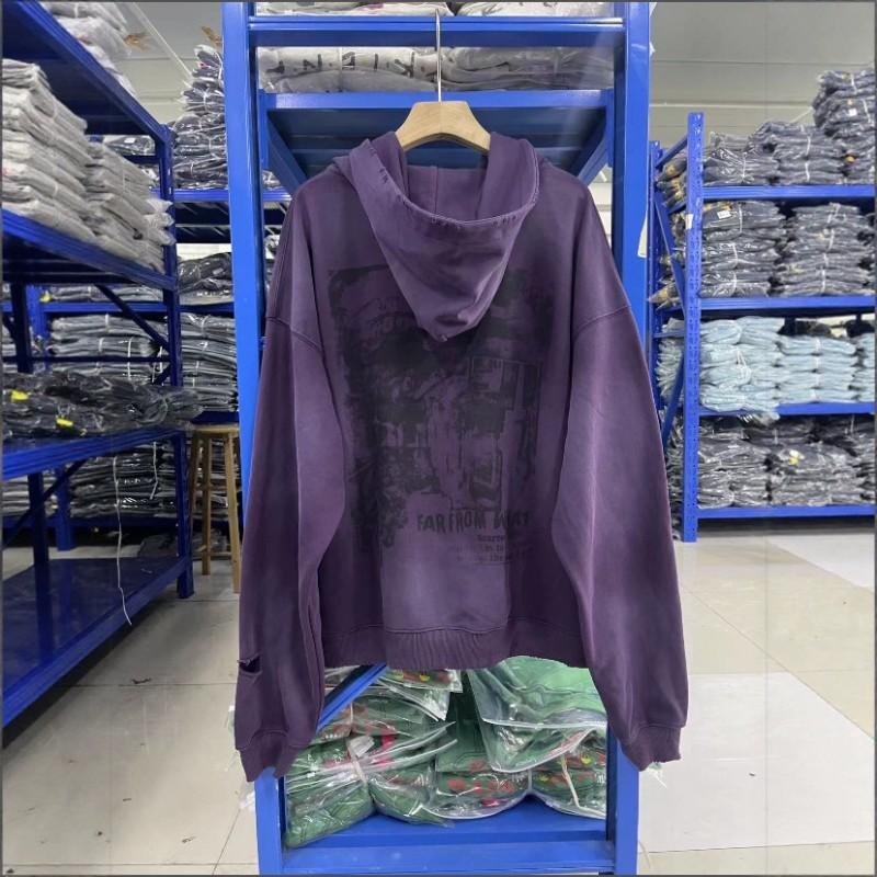 Unisex Streetwear Hooded Zip-Up Sweatshirt With Vintage Wash Print Kangaroo Pocket