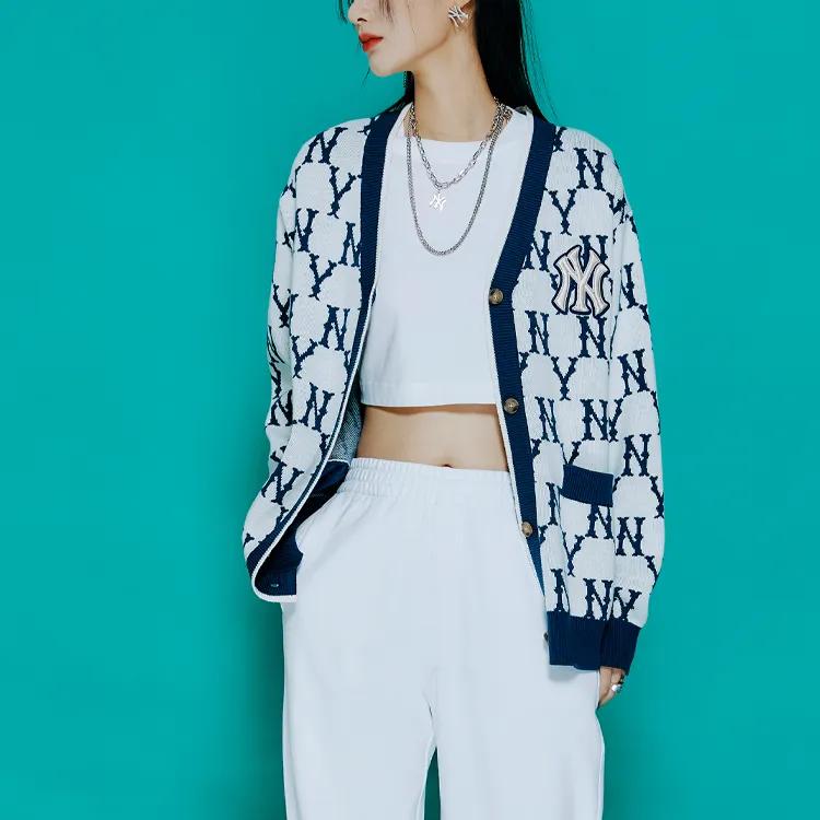 MLB Monogram Sweaters Unisex Blue White Lettering V Neck Moderate Cardigan (Unisex) Sweaters 3AKCM0121 50CRS