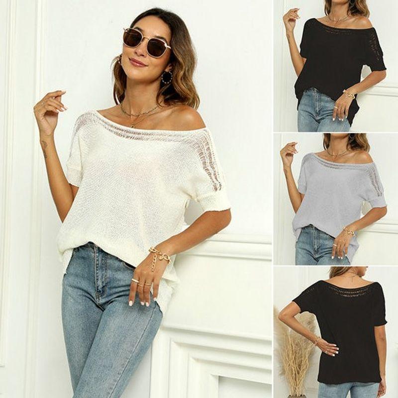 2023 Fashion New Spring and Summer Tops Women's Pure Color off-Neck Sexy Sheer Cutout Short Sleeve Bottoming Shirt T-shirt Women