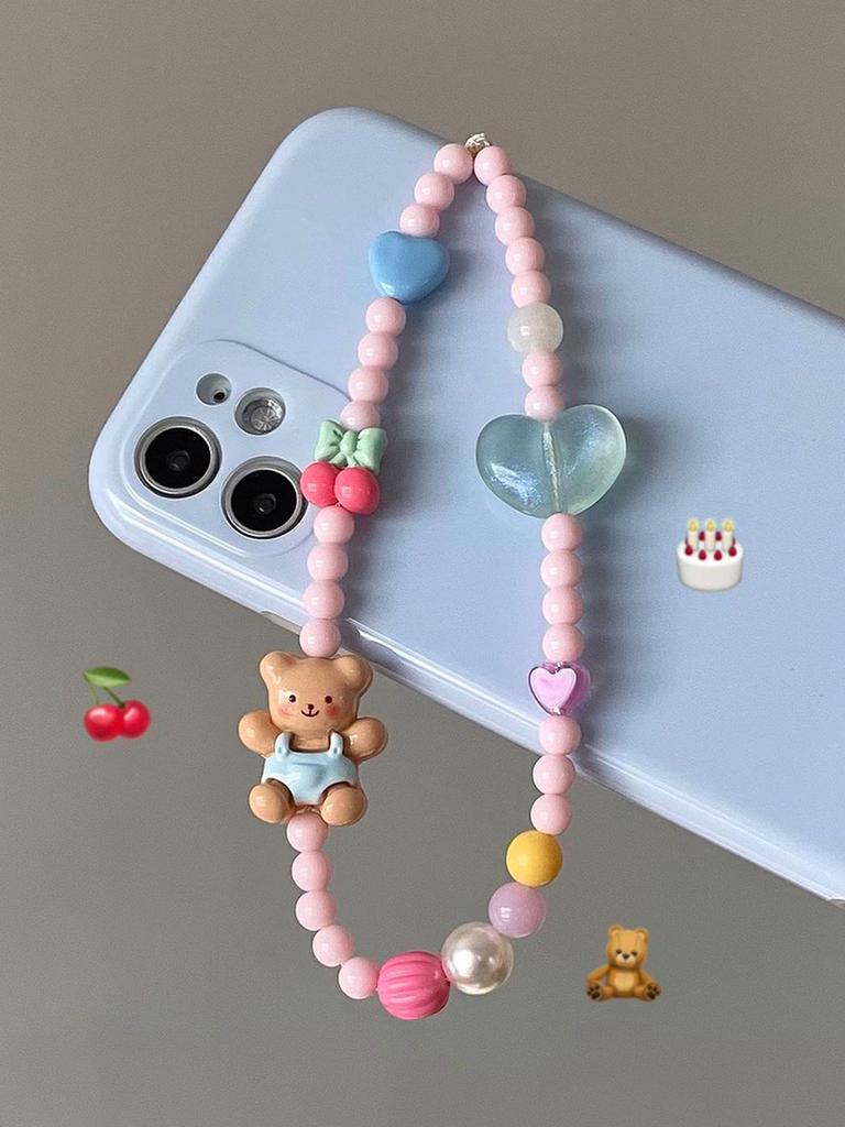 Cute Teddy Bear Mobile Phone Chain Original Design Fresh And Youthful Girl Heart Instagram Style Pink Cherry Heart Beading, Ni