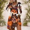 Women White Criss Cross V Neck Long Sleeve Curved Hem Printed Dress Cute Panda Ghost Halloween Pattern