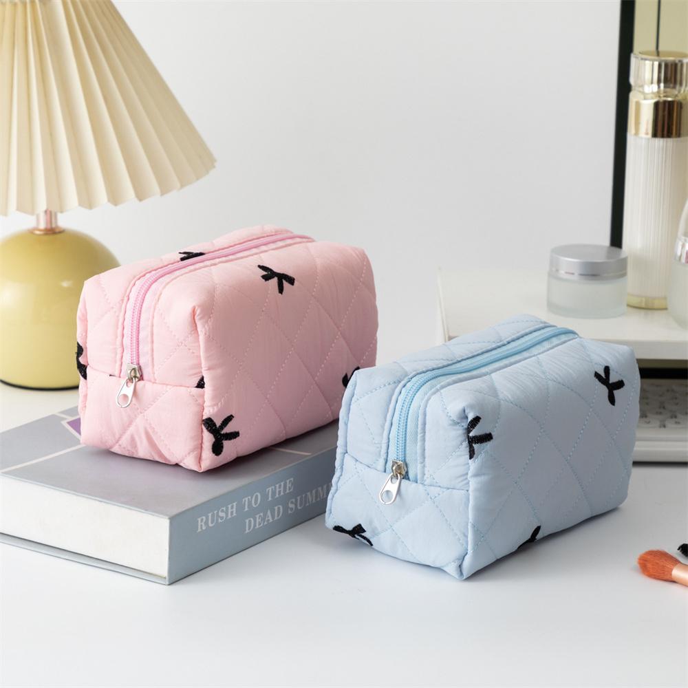 Bow Quilting Cotton Makeup Bag Women Zipper Cosmetic Bags Makeup Organizer Large Capacity Female Portable Toiletry Case for Girl