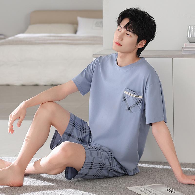 1011 New Men's Pajamas Summer Cotton Short Sleeve Shorts Large Size Thin Loose Casual Style Homewear Set