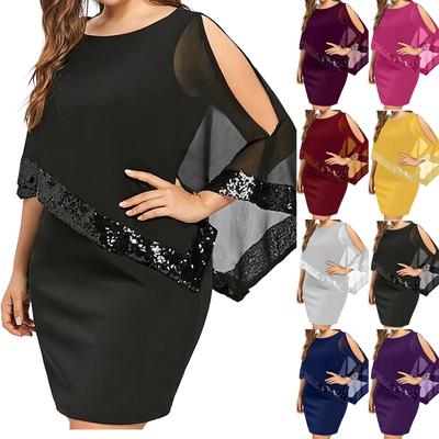 Kvinnor Plus Size Cold Shoulder Overlay Asymmetrisk Chiffong Strapless Paljetter Klänning