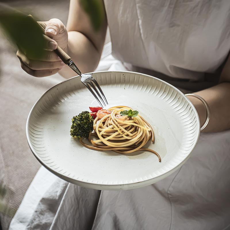 Retro Style Simple Ceramic Dish Household Plate Creative Relief Western Food Light Luxury Tableware Solid Color Steak Plate