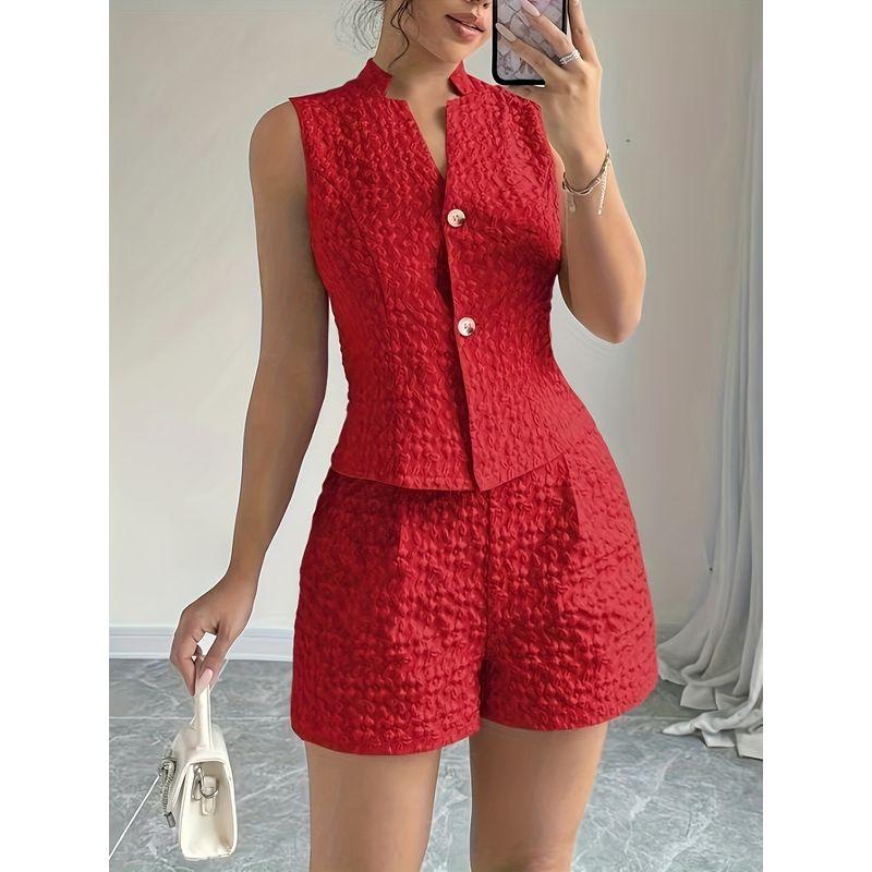 

Tank Top and Shorts Set Summer European and American Code Women Jacquard Sleeveless Vest Shorts Two-piece Set Red S