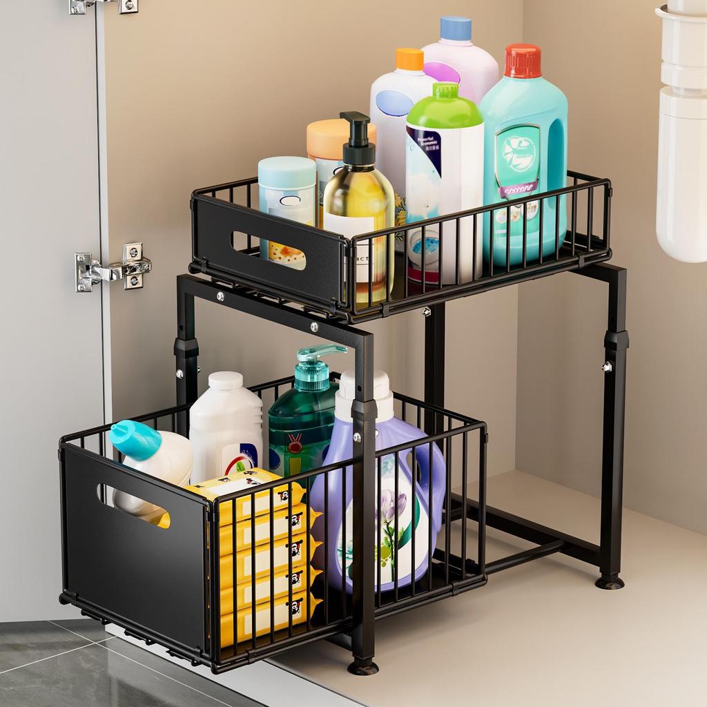 Double-Layer Pull-Out Basket Storage Rack for Under-Counter Bathroom and Kitchen
