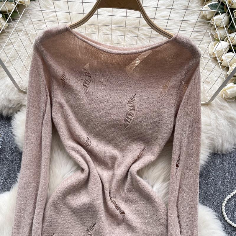 Ležérní pletený svetr Pure Desire pro ženy s dutým vintage designem, nepravidelný svetr, elegantní dámská móda s dlouhým rukávem, podkladová košile