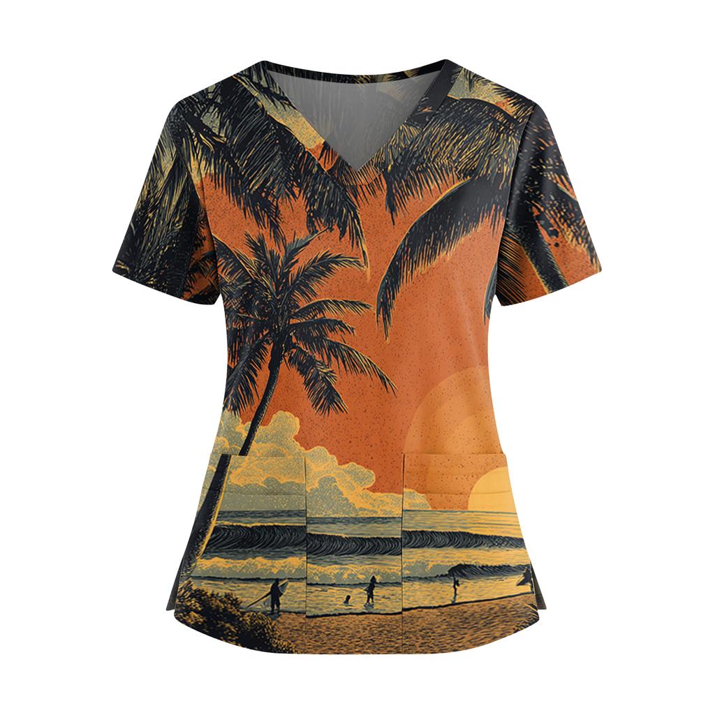 Women's Hawaiian Print V-Neck Double Pocket Short Sleeve Uniform/ Top