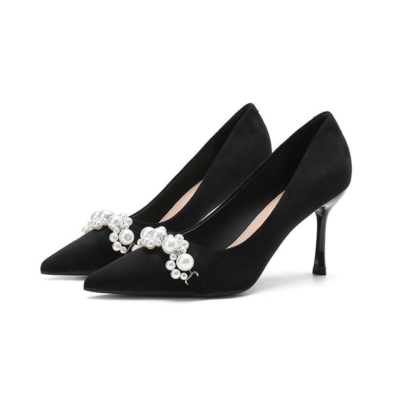 1-Pointed High Heels Women's Stiletto Pearl Single Shoes Temperament Celebrity Solid Color Super High Heel Suede