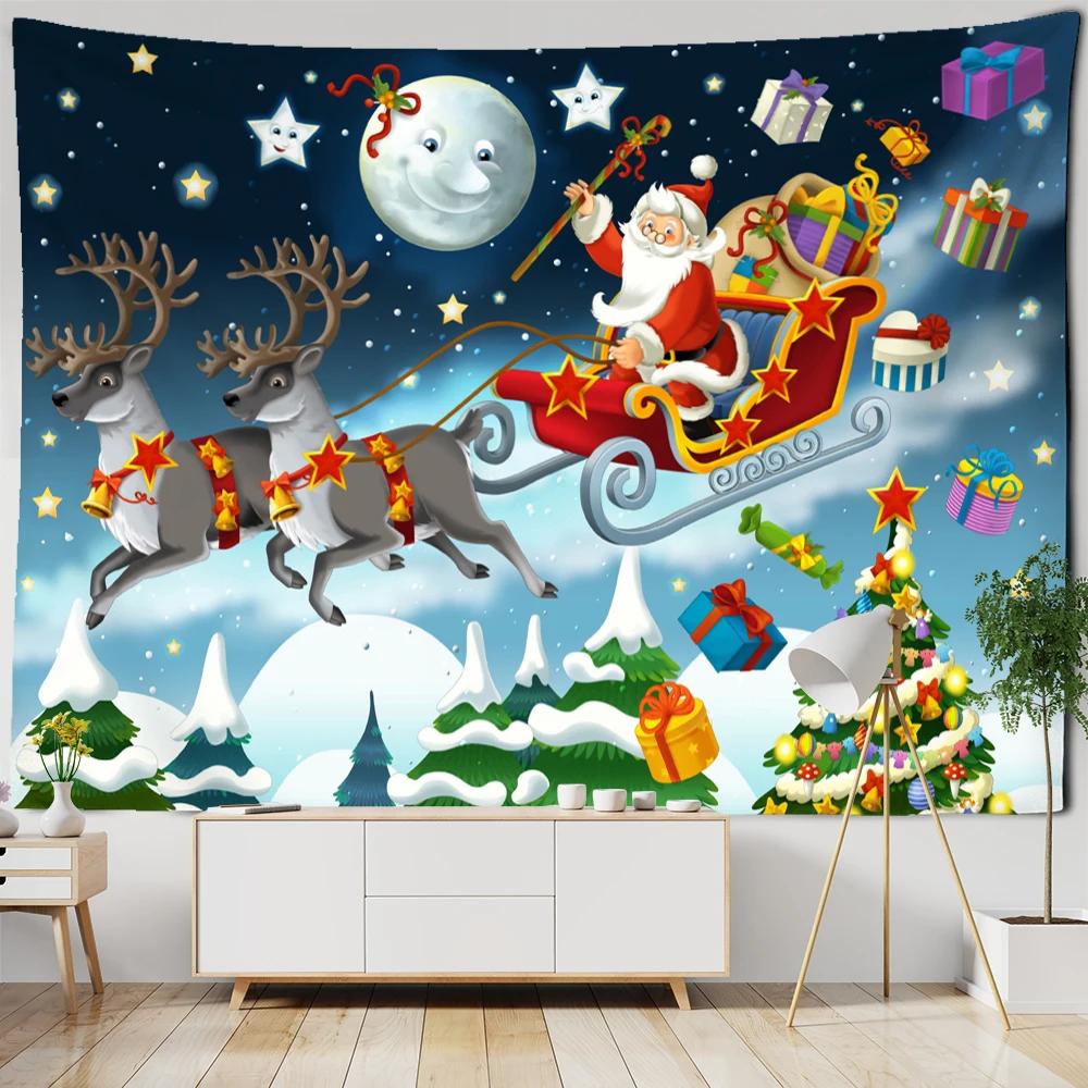Santa Claus And Sleigh Tapestry Wall Hanging Cartoon Illustration Witchcraft Christmas Day Girl Dormitory Home Decor