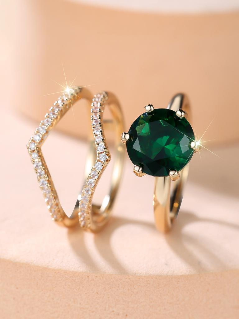 Crystal Female White Green Zircon Oval Stone Ring Set Fashion Vintage Gold Color Bridal Wedding Engagement Jewelry for Women