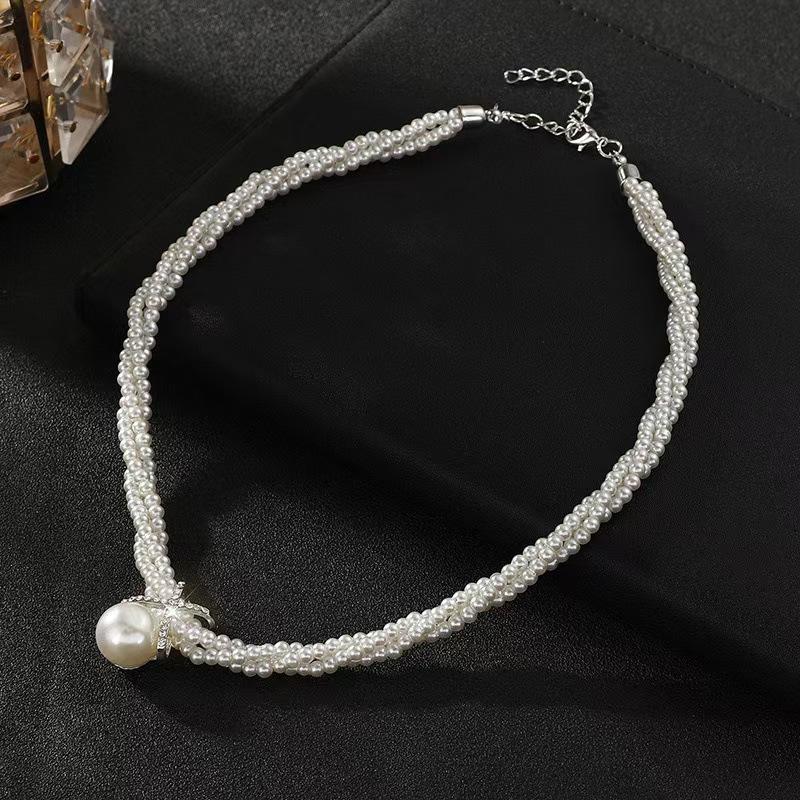 Women's Multi-layer Fried Dough Twists Collar Bone Winding Pearl Cross Short Necklace