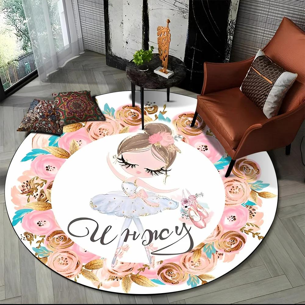 Cartoon Ballet Girl Fairy Ballerina Flower Round Carpet Rug for Living Room Bedroom Child Decor,Pet Area Rug Non-slip Floor Mat