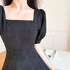 White French Summer 2026 Retro Puff Sleeve Square Neck Dress with Cinched Waist