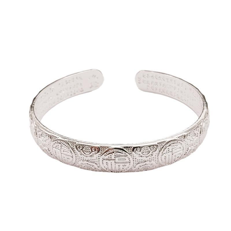 Bracelet Women's Solid Open Young Six Character True Words Bracelet White Copper Plated Silver Wide Bracelet Jewelry