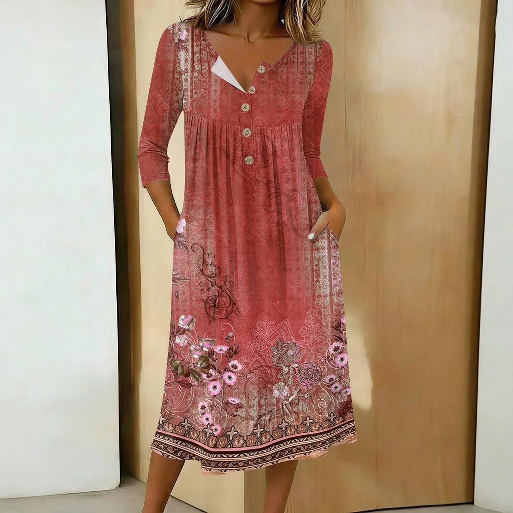 Women's Fashionable Color Printed Round Neck 3/4 Sleeve Button Collar Mid Length Casual Dress