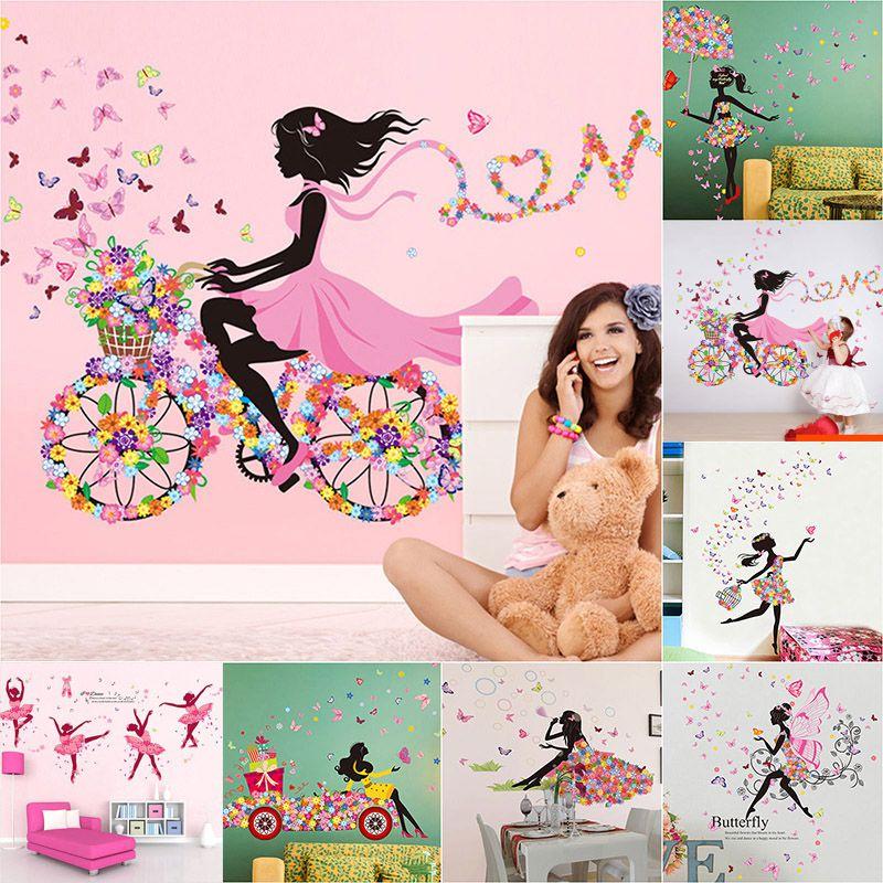 Entzückende PVC Mädchen Kunst Wandaufkleber für Kinderzimmer mit Schmetterlings- und Blumenmustern