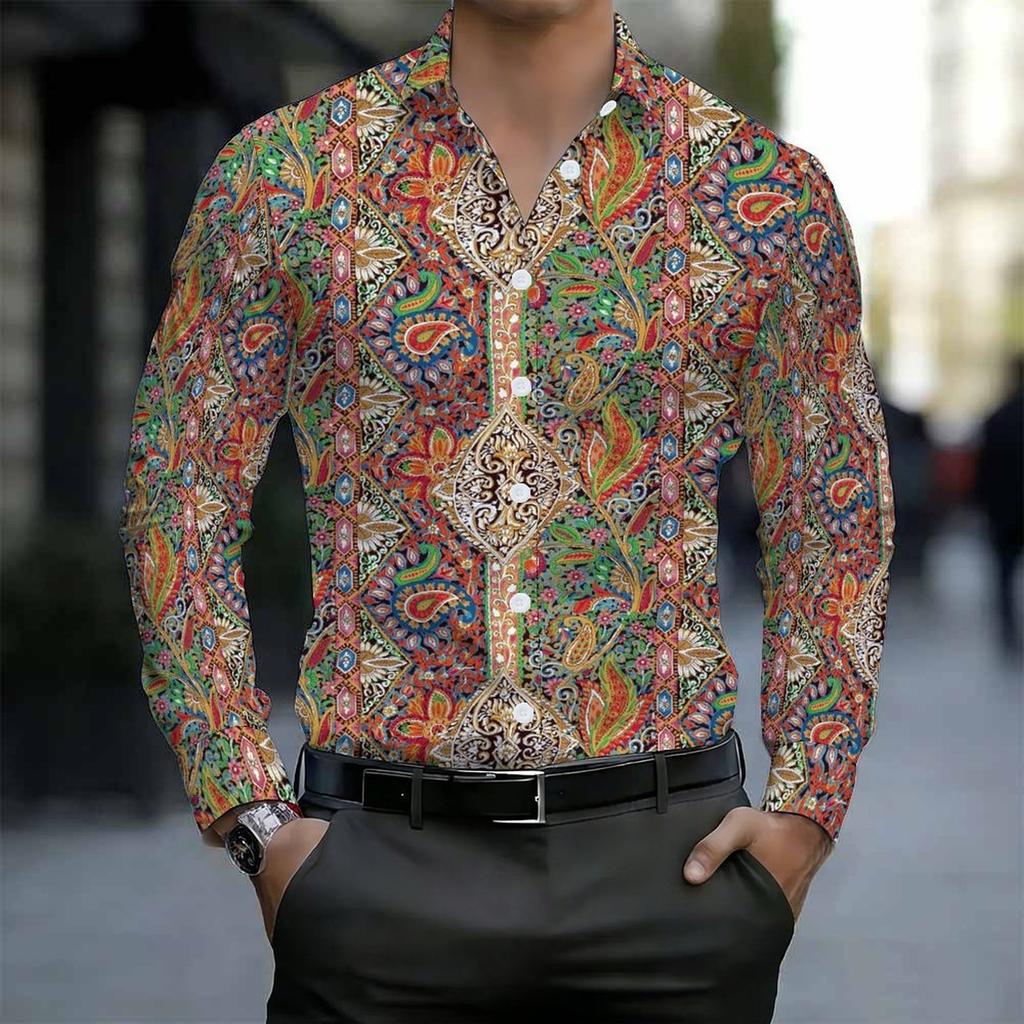 Men Collared Shirt Multicolor Vintage Paisley Diamond Floral Print Long Sleeve Button Down Top