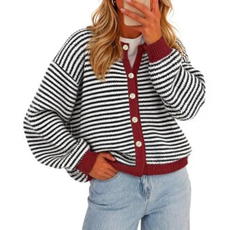 Cardigan lavorato a maglia a righe da donna con scollo rotondo, maglione casual a cappotto