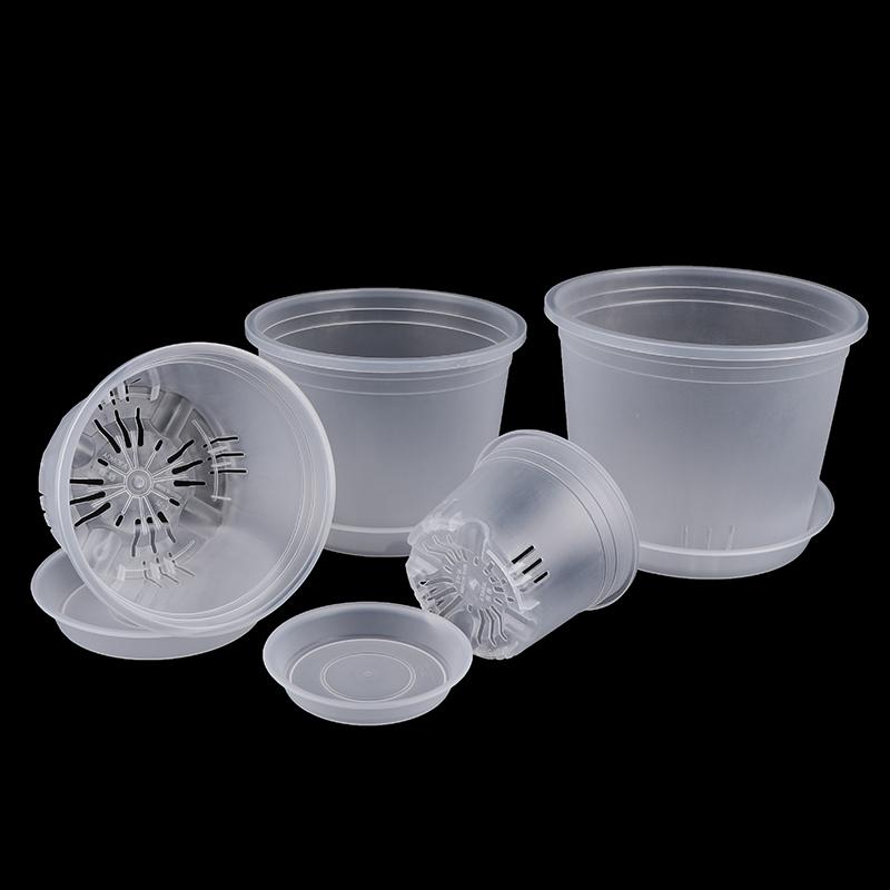 1Pc Transparent Round Orchid Pot With/Without Tray Root Control Plastic Orchid Pots With Holes Breathable Plant Growth Container