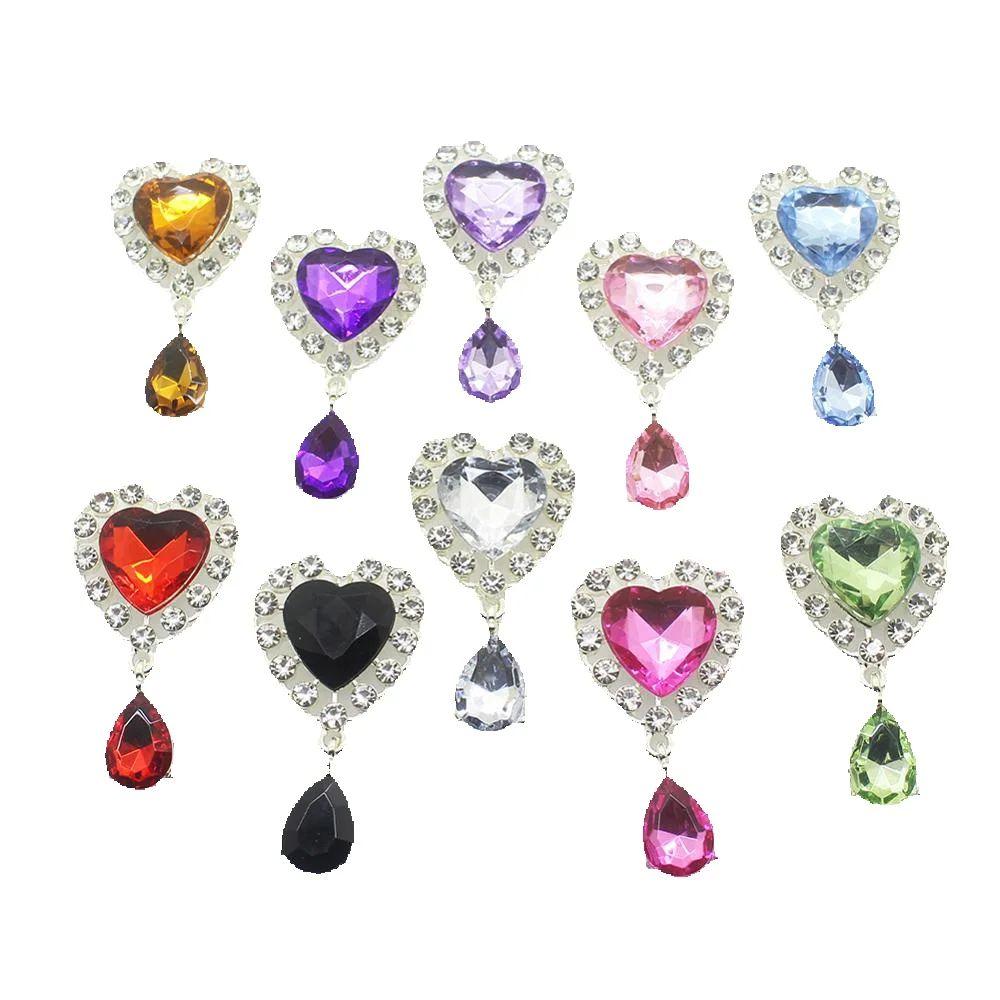 New 5Pcs 25mm*45mm Heart Acrylic Rhinestone Pendants Buttons For Wedding Decoration Metal Brooch Hair Bow DIY Jewelry Craft