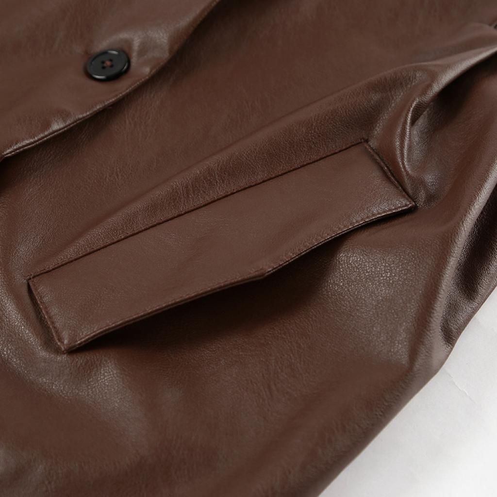 Winter Vintage Brown Leather Coat Women, European American High-end Loose Notched Lapel Mid-length Leather Jacket Outerwear