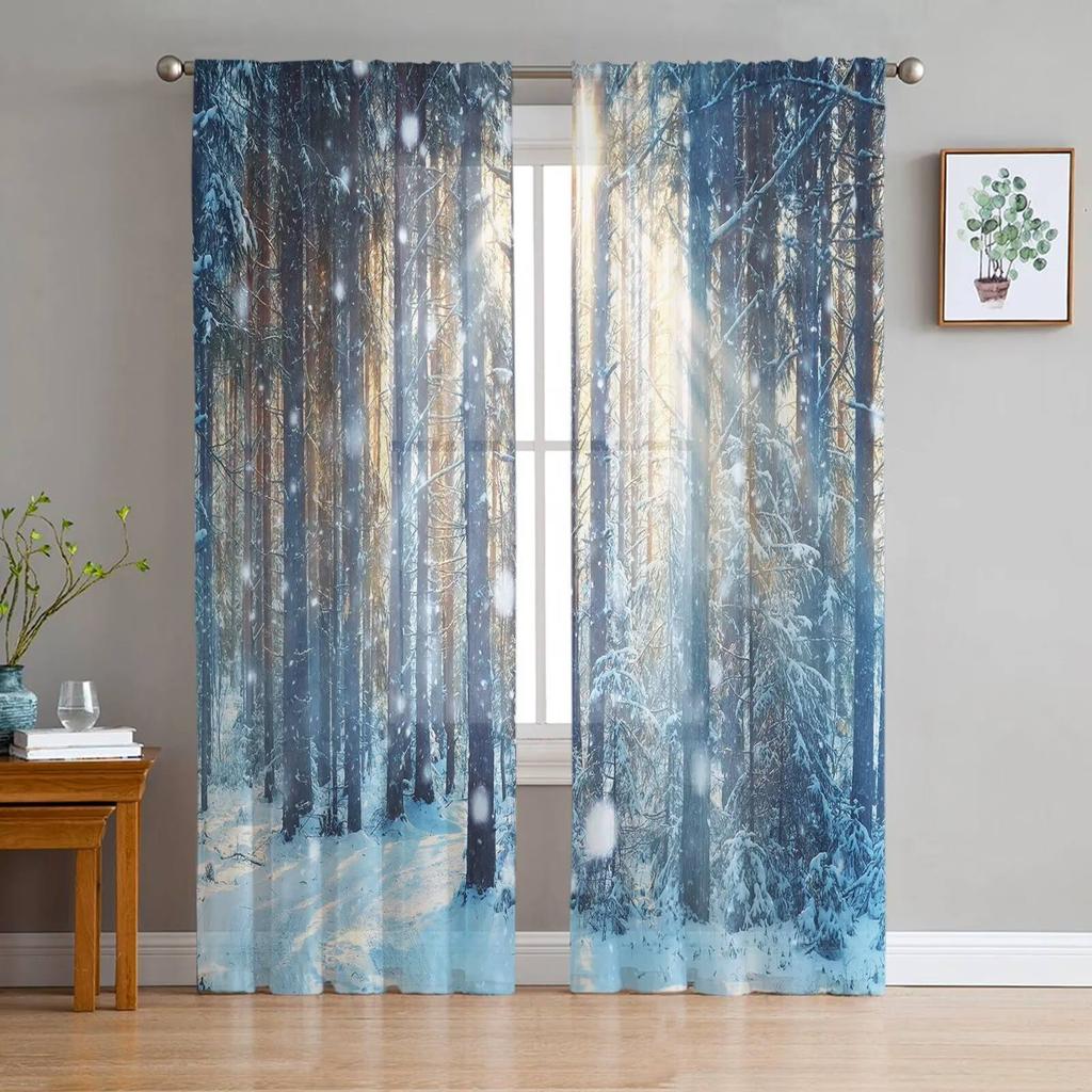 Winter Forest Tree Snowflake Semi Curtains Living Room Snowy Landscape Print Tulle Curtain Drapes Window Treatments Sheer Polyester Great Treatment