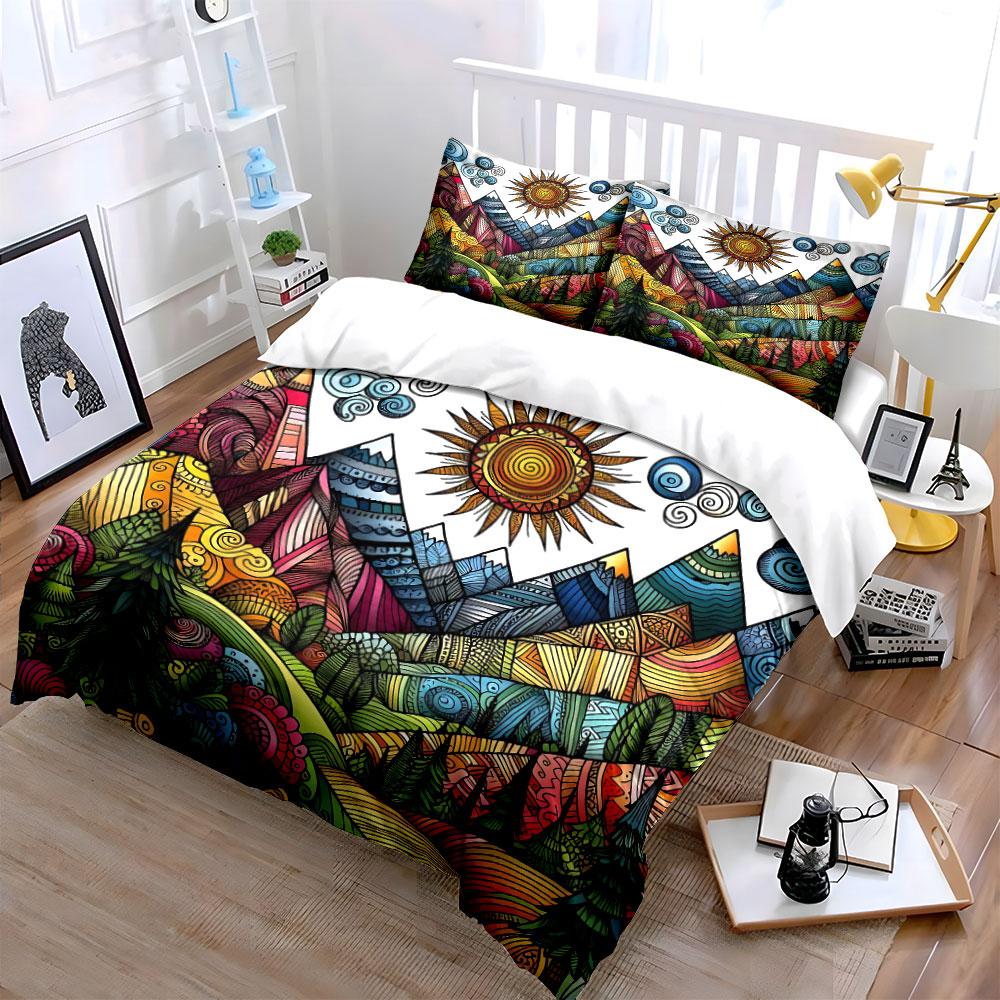 Colorful Mountain Landscape Decor Set Bedding Set with 1 Duvet Cover 2 Pillowcases Single Double King Queen, Gift