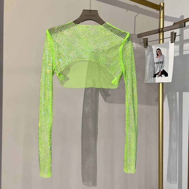 2023 Kleurrijke Strass Uitgesneden Cropped Top - Slank Makend T-shirt met Lange Mouwen voor Dames