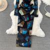Sexy Tie-dye Printed V-Neck Long Sleeve Dress Women Chic Elegant Patchwork Vintage Midi Dresses Female Korean Fashion Casual One Piece Dress 2024