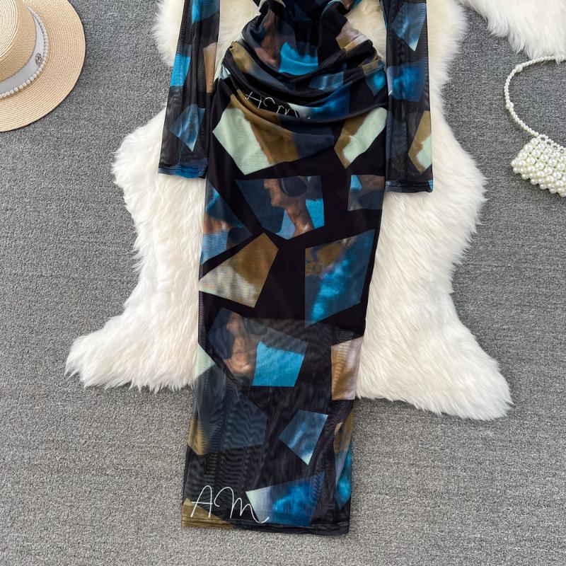 Sexy Tie-dye Printed V-Neck Long Sleeve Dress Women Chic Elegant Patchwork Vintage Midi Dresses Female Korean Fashion Casual One Piece Dress 2024