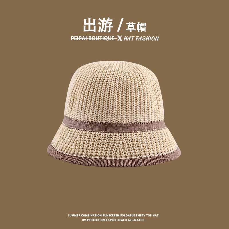 Women's Straw Hat Woven Sunshade Beach Hat Summer Hollow Breathable Bucket Hat Beach Sunshade Hat