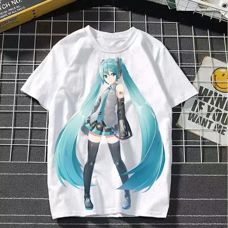 Japońska Postać Anime Słodka MIKU Letni Damski Top z Okrągłym Dekoltem Koszulka Graficzna